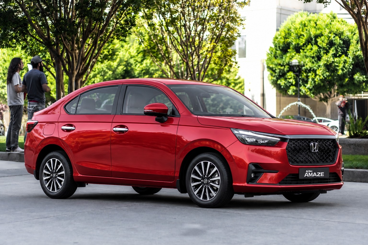 Honda All New Amaze on a city street, official three-quarter front view